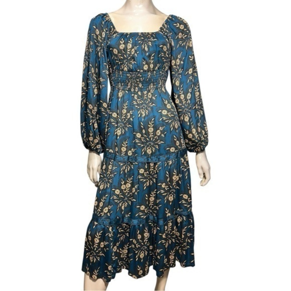 Omika Women’s Sz XS Marli Sapphire Blue Floral Print Tie Back Monica Midi Dress